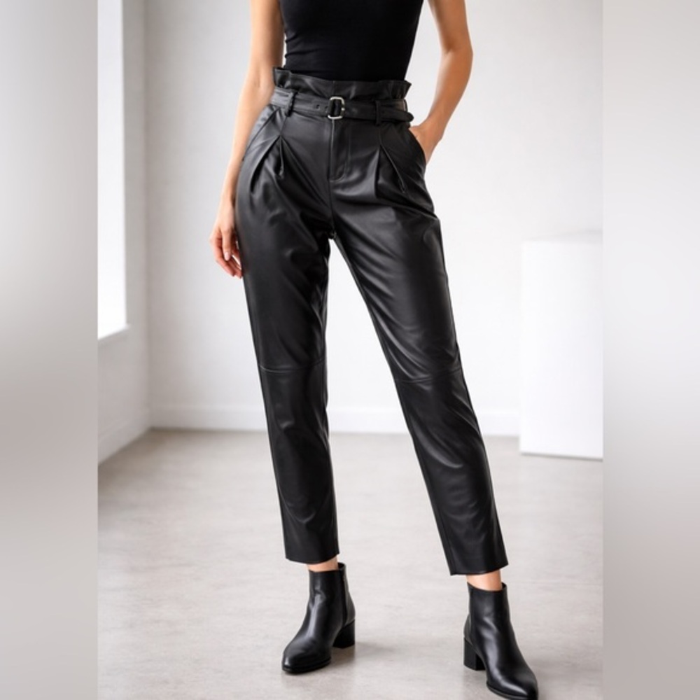 NEW BLANK NYC Dark Secrets Black Vegan Leather Paperbag Waist Belted Pants 29